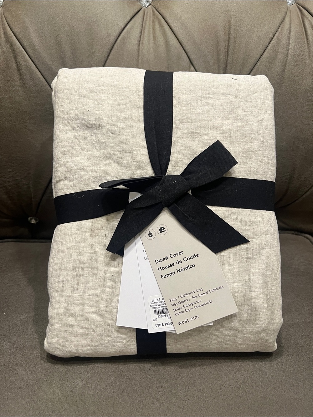 West Elm Natural Linen Duvet Cover with Black Tie Accent